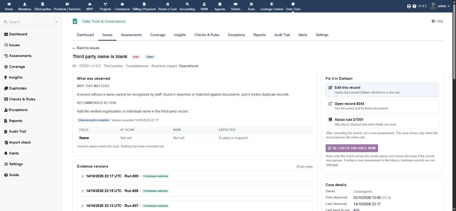 Data Trust & Governance: evidence at scan vs now, fix in Dolibarr, re-check