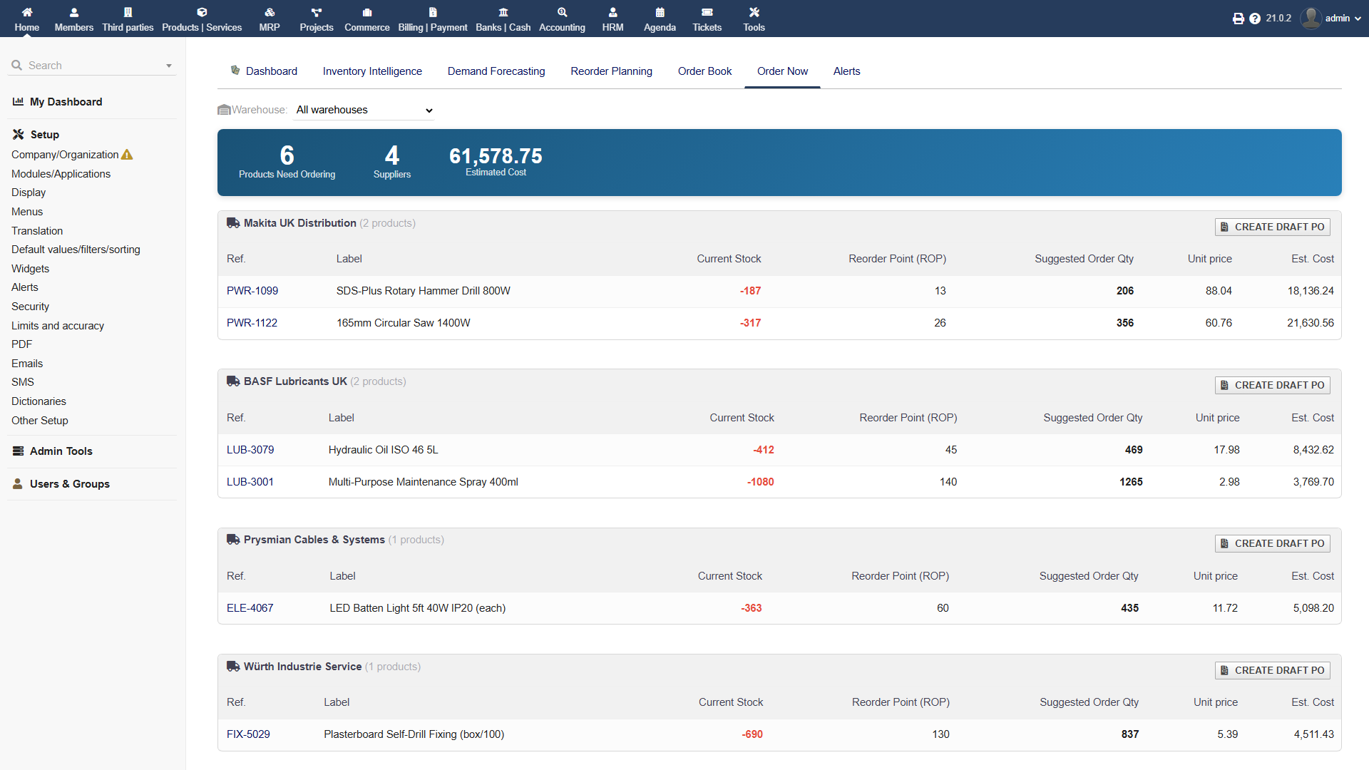 Order Now recommendations grouped by supplier, each with a Create draft PO button